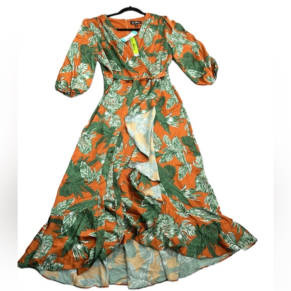 Sam Edelman orange green crepe wrap raffle midi dress size 6new - Picture 6 of 11